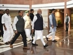 Parliament monsoon session LIVE: Prime Minister Narendra Modi with Union Minister of Parliamentary Affairs Kiren Rijiju, Union Minister of State (Independent Charge) Arjun Ram Meghwal, Union Minister of State Jitendra Singh and other NDA leaders arrive for the National Democratic Alliance (NDA) Parliamentary Party's 'Mangal Milan' meeting, at the G.M.C. Balayogi Auditorium, Parliament Library Building, in New Delhi on Tuesday. 
