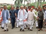 Union ministers Amit Shah (centre), Kiren Rijiju (left) and JP Nadda and Union MoS Jitendra Singh (right) at the Parliament Library Building in New Delhi on Tuesday.