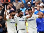 India's Akash Deep, left, Mohammed Siraj, center, and Prasidh Krishna during celebrate their win against England at The Kia Oval in 2025