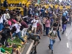 Security personnel carry out a lathi charge during the CJP protest march near the Parliament in New Delhi, India, on Monday, July 20, 2026. (RAJ K RAJ / Hindustan Times)