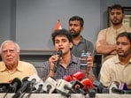 CJP Spokesperson Saurav Das, Ashutosh Ranka along with senior advocate Kapil Sibal address a press conference over the FIRs registered against the student protesters in different states, alleging that the cases remain despite the agreement reached with the Union government to withdraw them in New Delhi, India, on Monday.