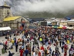 Devotees gather at Kedarnath Dham to offer prayers during the Char Dham Yatra in Rudraprayag. (PTI)