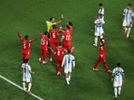 Referee Joao Pinheiro shows a second yellow card to Breel Embolo during the FIFA World Cup 2026 Quarter Final match between Argentina and Switzerland