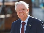 A picture taken on July 10 shows U.S. Senator Lindsey Graham speaking to the media after his meeting with Ukraine's President Volodymyr Zelenskiy.