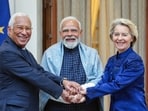 Prime Minister Narendra Modi with European Council President António Luís Santos da Costa and European Commission President Ursula von der Leyen, at Hyderabad House in New Delhi.