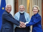 Prime Minister Narendra Modi with European Council President António Luís Santos da Costa and European Commission President Ursula von der Leyen, at Hyderabad House in New Delhi.