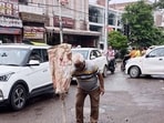 Road cave-in at Mint Ghumri Chowk, in Ludhiana on Monday. (HT Photo)