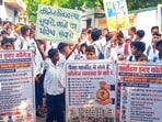 Students of Sarvodaya Inter College in Fatehpur’s Kishanpur protest on Tuesday, demanding basic amenities at the school. (Sourced)