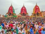 The three chariots of Lord Jagannath, Lord Balabhadra and Goddess Subhadra on the last day of Rath Yatra in Puri on Monday. (X)