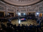 US Vice President JD Vance (L) delivers remarks during a Congressional tribute to late US Senator Lindsey Graham in the Rotunda of the US Capitol in Washington, DC, on July 28, 2026. &nbsp;(Photo by Nathan Howard / POOL / AFP)