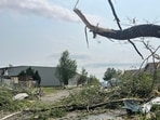 Fallen trees and damage to an area in the aftermath of a tornado in Fox Crossing, Wisconsin, US,