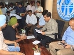 UT mayor saurabh joshi during Janta Darbar outside his office at municipal corporation bhawan in Sector 17, Chandigarh on Monday. (Keshav Singh/HT)