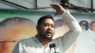 Patna, Bihar, India -Juiy.01, 2026: RJD national working president Tejashwi Yadav addressing during party�s foundation day function at RJD office in Patna, Bihar, India, Wednesday,Juiy,01, 2026.(Photo by Santosh Kumar/ Hindustan Times)