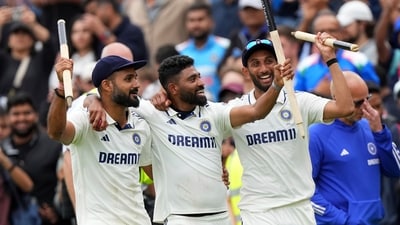 India's Akash Deep, left, Mohammed Siraj, center, and Prasidh Krishna during celebrate their win against England at The Kia Oval in 2025 (AP)