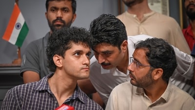 CJP Spokesperson Saurav Das, Ashutosh Ranka along with senior advocate Kapil Sibal address a press conference over the FIRs registered against the student protesters in different states. (Sanchit Khanna/ Hindustan Times)