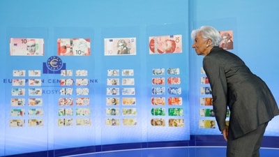 European Central Bank President Christine Lagarde presents shortlisted designs for future euro banknotes at the ECB headquarters in Frankfurt, Germany, July 23, 2026. (REUTERS)
