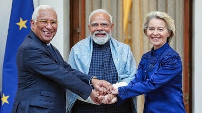 Prime Minister Narendra Modi with European Council President António Luís Santos da Costa and European Commission President Ursula von der Leyen, at Hyderabad House in New Delhi. (DPR PMO)