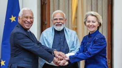 Prime Minister Narendra Modi with European Council President António Luís Santos da Costa and European Commission President Ursula von der Leyen, at Hyderabad House in New Delhi. (DPR PMO) Prime Minister Narendra Modi with European Council President António Luís Santos da Costa and European Commission President Ursula von der Leyen, at Hyderabad House in New Delhi. (DPR PMO)