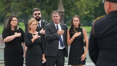 Sen. Darline Graham, R-S.C., and her husband Larry Nordone and other family members watch as an Armed Forces Body Bearer Team moves the casket of late Sen. Lindsey Graham, R-S.C., from the U.S. Capitol after a congressional tribute in the Rotunda Tuesday, July 28, 2026, in Washington.     Mark Schiefelbein/Pool via REUTERS (via REUTERS)