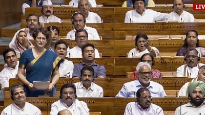 Congress MP Priyanka Gandhi Vadra speaks in the Lok Sabha during the Monsoon session of Parliament, in New Delhi, Tuesday, July 28, 2026. (Sansad TV/ PTI)