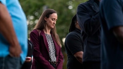 Seattle Mayor Katie Wilson during a vigil a day after the Bite of Seattle food festival shooting at Seattle Center.&nbsp; (David Ryder/Getty Images/AFP )
