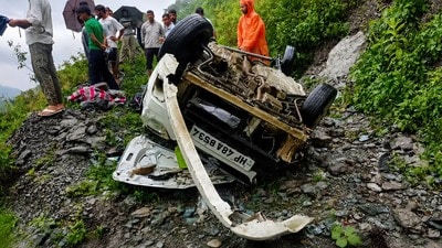 The mangled remains of the car after mishap in Chamba on Tuesday. (HT Photo) The mangled remains of the car after mishap in Chamba on Tuesday. (HT Photo)