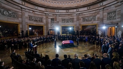 US Vice President JD Vance (L) delivers remarks during a Congressional tribute to late US Senator Lindsey Graham in the Rotunda of the US Capitol in Washington, DC, on July 28, 2026. (Photo by Nathan Howard / POOL / AFP) (AFP) US Vice President JD Vance (L) delivers remarks during a Congressional tribute to late US Senator Lindsey Graham in the Rotunda of the US Capitol in Washington, DC, on July 28, 2026. (Photo by Nathan Howard / POOL / AFP) (AFP)