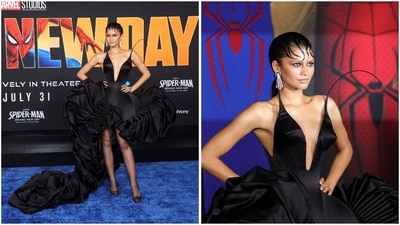 For the LA premiere of Spider-Man: Brand New Day, Zendaya turned heads in a striking black Ashi Studio gown featuring a sculptural bodice that flowed into a dramatic, voluminous skirt. She completed the look with long diamond earrings, grunge-inspired makeup and an edgy hairstyle, with sleek tendrils artfully sculpted across her forehead. (REUTERS) For the LA premiere of Spider-Man: Brand New Day, Zendaya turned heads in a striking black Ashi Studio gown featuring a sculptural bodice that flowed into a dramatic, voluminous skirt. She completed the look with long diamond earrings, grunge-inspired makeup and an edgy hairstyle, with sleek tendrils artfully sculpted across her forehead. (REUTERS)