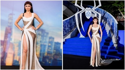  Fresh off The Odyssey press tour, Zendaya traded her signature black looks for an ethereal white gown at the Shanghai premiere. The archival Versace Spring/Summer 2016 couture design featured black mesh detailing woven through the white fabric like delicate cobwebs, complemented by a scoop neckline and a daring thigh-high slit. (Instagram) Fresh off The Odyssey press tour, Zendaya traded her signature black looks for an ethereal white gown at the Shanghai premiere. The archival Versace Spring/Summer 2016 couture design featured black mesh detailing woven through the white fabric like delicate cobwebs, complemented by a scoop neckline and a daring thigh-high slit. (Instagram)
