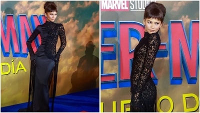 For the Mexico premiere, the actor embraced gothic glamour in a striking all-black look from Ashi Studio's Spring 2026 couture collection. The figure-hugging gown contrasted sleek midnight silk on one side with intricate web-like knit detailing on the other. Long, trailing threads cascaded from the sleeves, sweeping the floor behind her and adding a dramatic, spider-inspired finish. (Instagram) For the Mexico premiere, the actor embraced gothic glamour in a striking all-black look from Ashi Studio's Spring 2026 couture collection. The figure-hugging gown contrasted sleek midnight silk on one side with intricate web-like knit detailing on the other. Long, trailing threads cascaded from the sleeves, sweeping the floor behind her and adding a dramatic, spider-inspired finish. (Instagram)