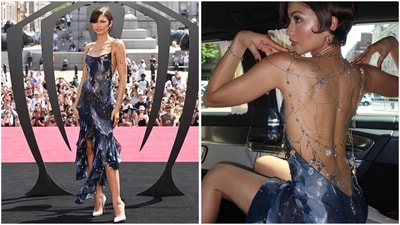 For the London premiere, Zendaya chose a 28-year-old archival John Galliano design from the designer's Spring/Summer 1997 Circus collection. From the front, the asymmetrical slip dress featured a cosmic blend of navy blue, violet and cloudy white reminiscent of a galaxy. The real showstopper, however, was at the back: an intricate spiderweb woven from sterling silver, diamond-encrusted charms and chainmail jewellery. (Instagram) For the London premiere, Zendaya chose a 28-year-old archival John Galliano design from the designer's Spring/Summer 1997 Circus collection. From the front, the asymmetrical slip dress featured a cosmic blend of navy blue, violet and cloudy white reminiscent of a galaxy. The real showstopper, however, was at the back: an intricate spiderweb woven from sterling silver, diamond-encrusted charms and chainmail jewellery. (Instagram)