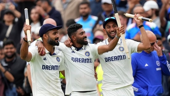 India's Akash Deep, left, Mohammed Siraj, center, and Prasidh Krishna during celebrate their win against England at The Kia Oval in 2025