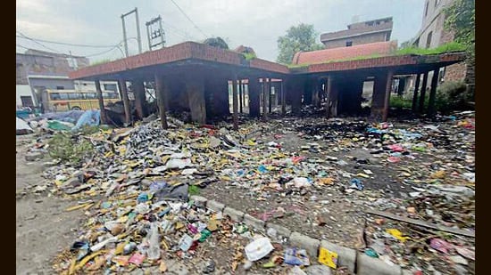Heaps of Garbage lying on the roadside, at EWS Colony in Ludhiana on Tuesday. (HT Photo)