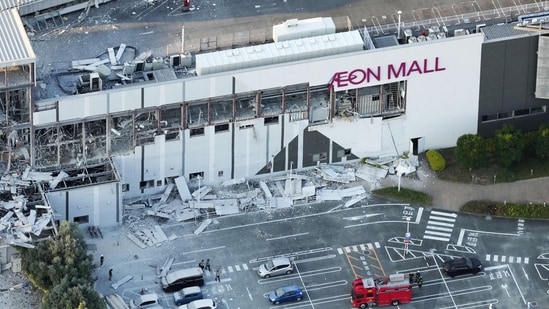 An aerial view shows the damaged Aeon Mall shopping centre, where, according to local media, an explosion occurred after an earthquake with a preliminary magnitude of 7.1 struck Japan's southern Kumamoto prefecture, in Kashima Town, Kumamoto Prefecture