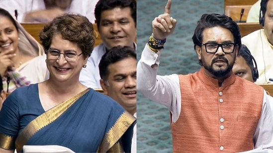 Congress MP Priyanka Gandhi Vadra and BJP MP Anurag Thakur in Lok Sabha on Tuesday