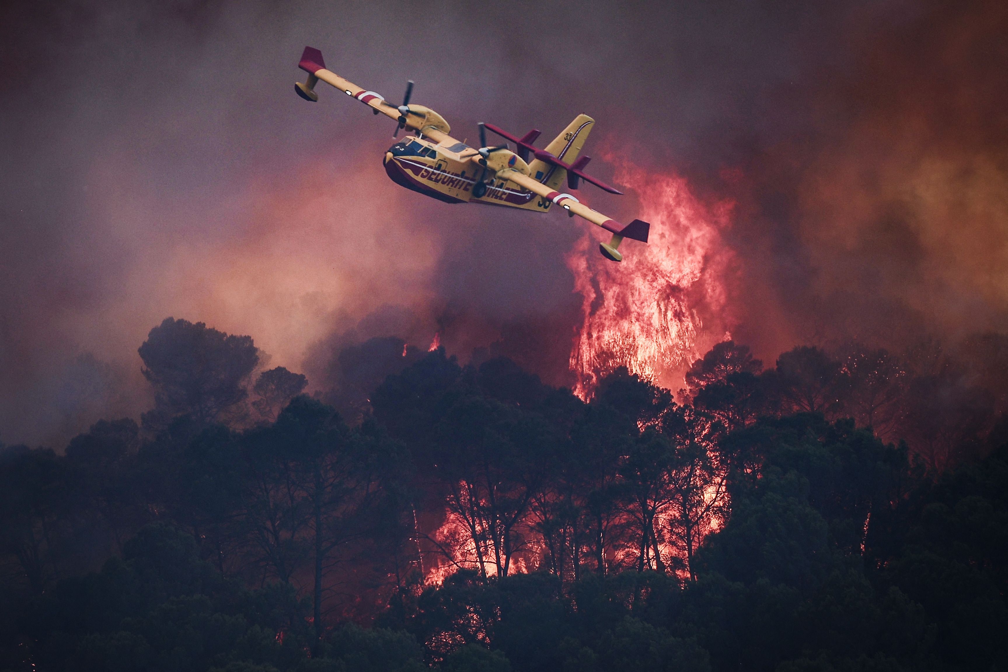 A French Civil Security Canadair CL-415 aircraft flies past flames burning a forest surrounding Cotignac, southeastern France, during a wildfire. (AFP)