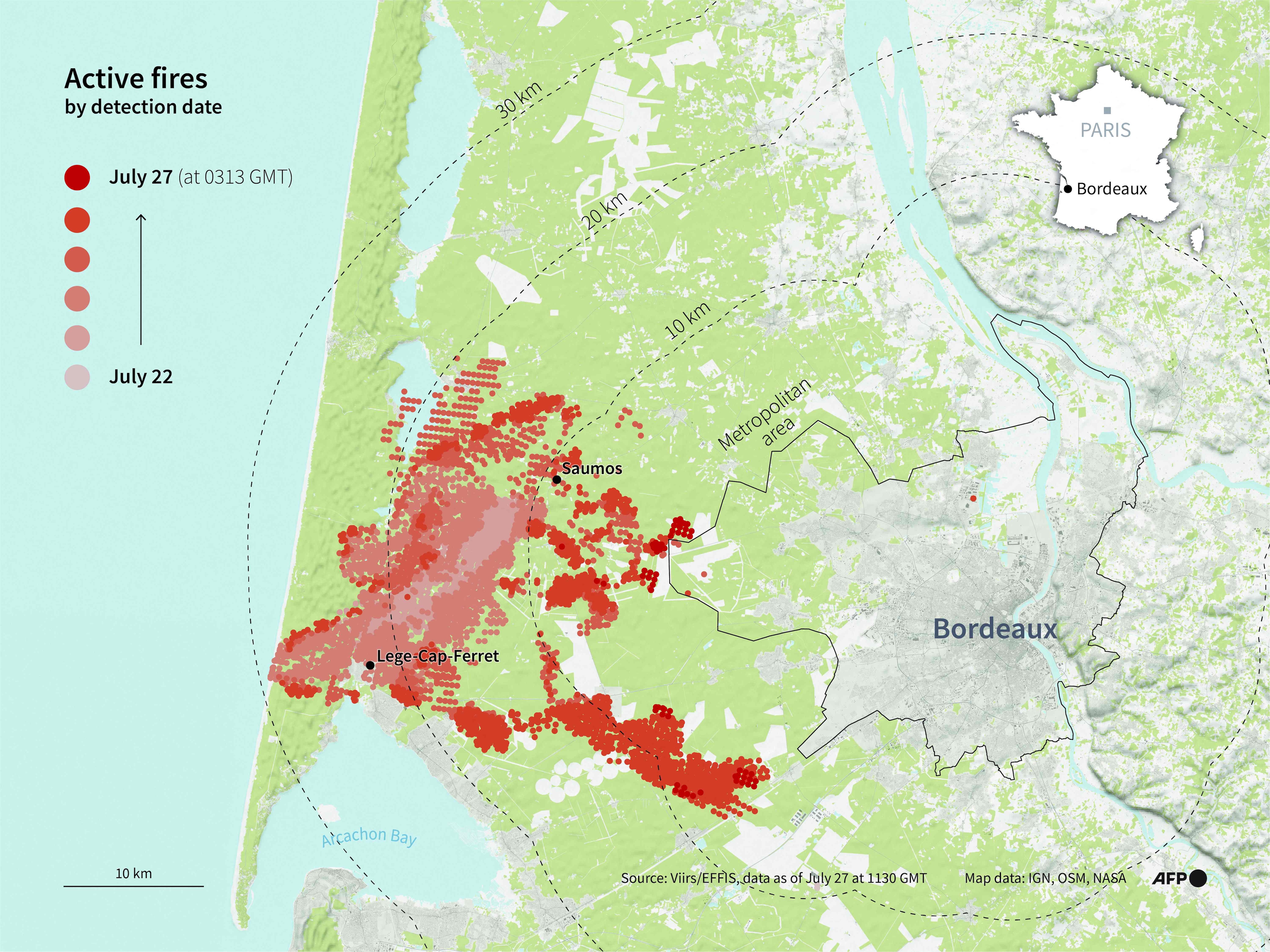 Combining data from the European Forest Fire Information System (Effis) and NASA Visible Infrared Imaging Radiometer Suite (VIIRS) shows a map depicting active wildfires, the progression of burned areas, and the distance of the active fires from the city of Bordeaux, southwestern France. (AFP)