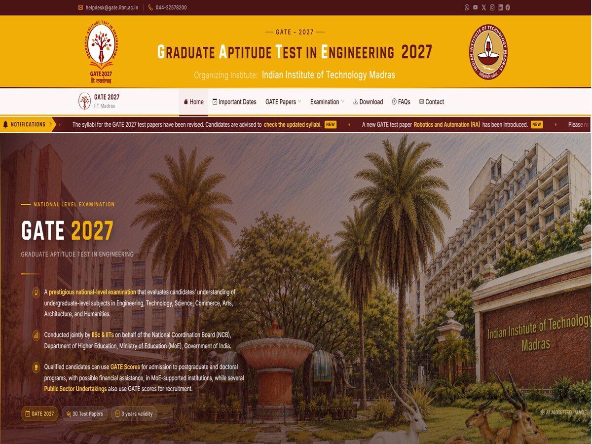 <p>ఐఐటీ మద్రాస్ ‘గేట్ 2027’ పరీక్షల షెడ్యూల్తో పాటు కొత్త సిలబస్ను అధికారికంగా విడుదల చేసింది. ఈసారి ఇంజినీరింగ్ విద్యార్థులకు ఊరటనిచ్చేలా ‘రోబోటిక్స్ అండ్ ఆటోమేషన్’ అనే సరికొత్త పేపర్ను కూడా చేర్చారు. అభ్యర్థులు పూర్తి వివరాలను అధికారిక వెబ్సైట్ gate2027.iitm.ac.in లో చూడవచ్చు.</p> <p>ఐఐటీ మద్రాస్ ‘గేట్ 2027’ పరీక్షల షెడ్యూల్తో పాటు కొత్త సిలబస్ను అధికారికంగా విడుదల చేసింది. ఈసారి ఇంజినీరింగ్ విద్యార్థులకు ఊరటనిచ్చేలా ‘రోబోటిక్స్ అండ్ ఆటోమేషన్’ అనే సరికొత్త పేపర్ను కూడా చేర్చారు. అభ్యర్థులు పూర్తి వివరాలను అధికారిక వెబ్సైట్ gate2027.iitm.ac.in లో చూడవచ్చు.</p>