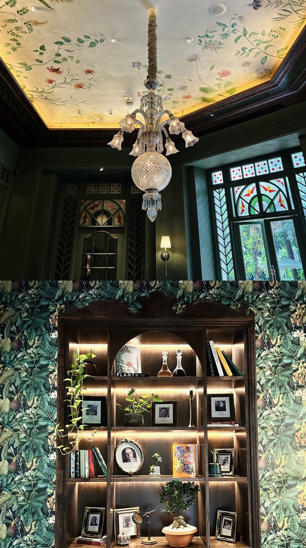 Step into The Azulian House — where hand-painted floral ceilings, crystal chandeliers, and stained-glass light set the mood. The botanical haven indoors features detailed wallpaper and curated shelves. (Pics: Sanya Panwar) Step into The Azulian House — where hand-painted floral ceilings, crystal chandeliers, and stained-glass light set the mood. The botanical haven indoors features detailed wallpaper and curated shelves. (Pics: Sanya Panwar)
