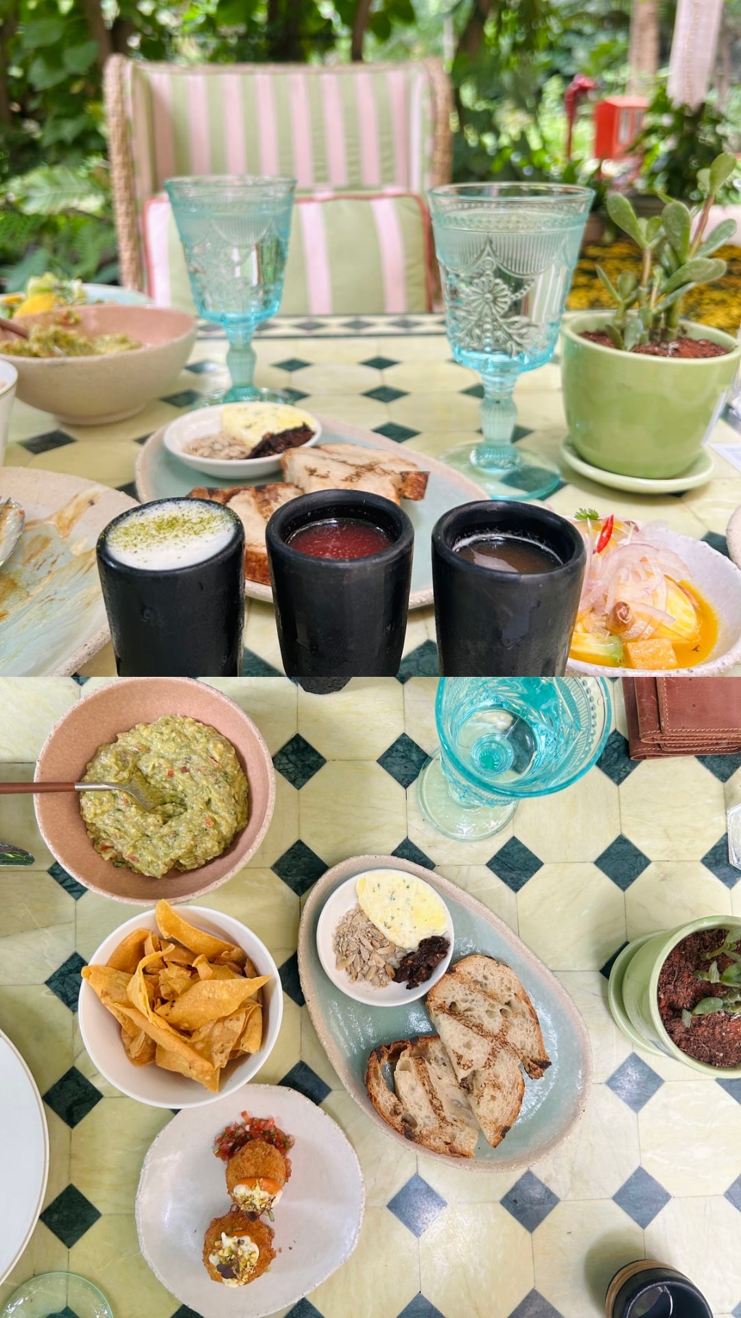 A table laden with South American soul at The Azulian House: from guacamole, fresh sourdough, and house-made dips to refreshing drinks served in traditional black vessels. (Pics: Sanya Panwar)