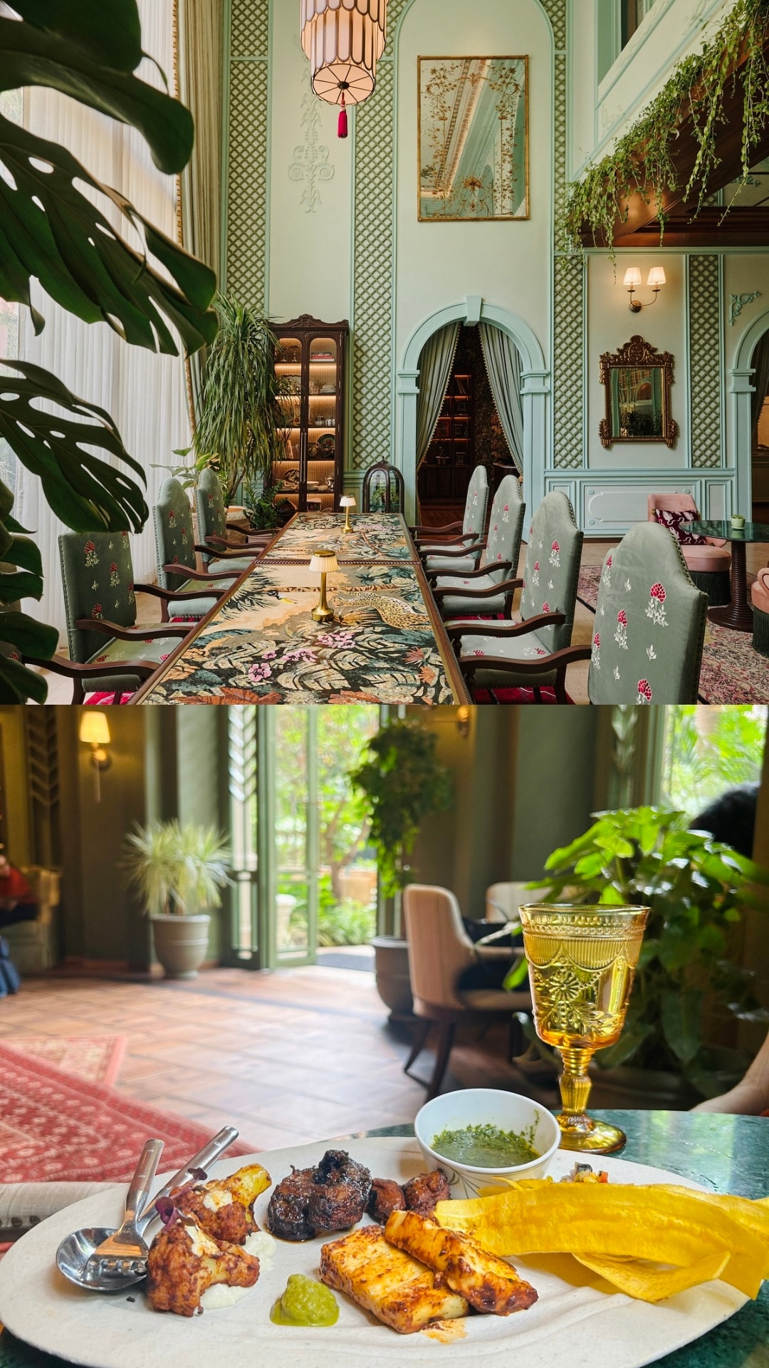 High ceilings, embroidered tapestries, and botanical accents define the elegant dining space at The Azulian House; the chargrilled communal platter featured grilled halloumi, roasted vegetables, plantain chips, and vibrant chimichurri.  (Pics: The Azulian House and Sanya Panwar)
