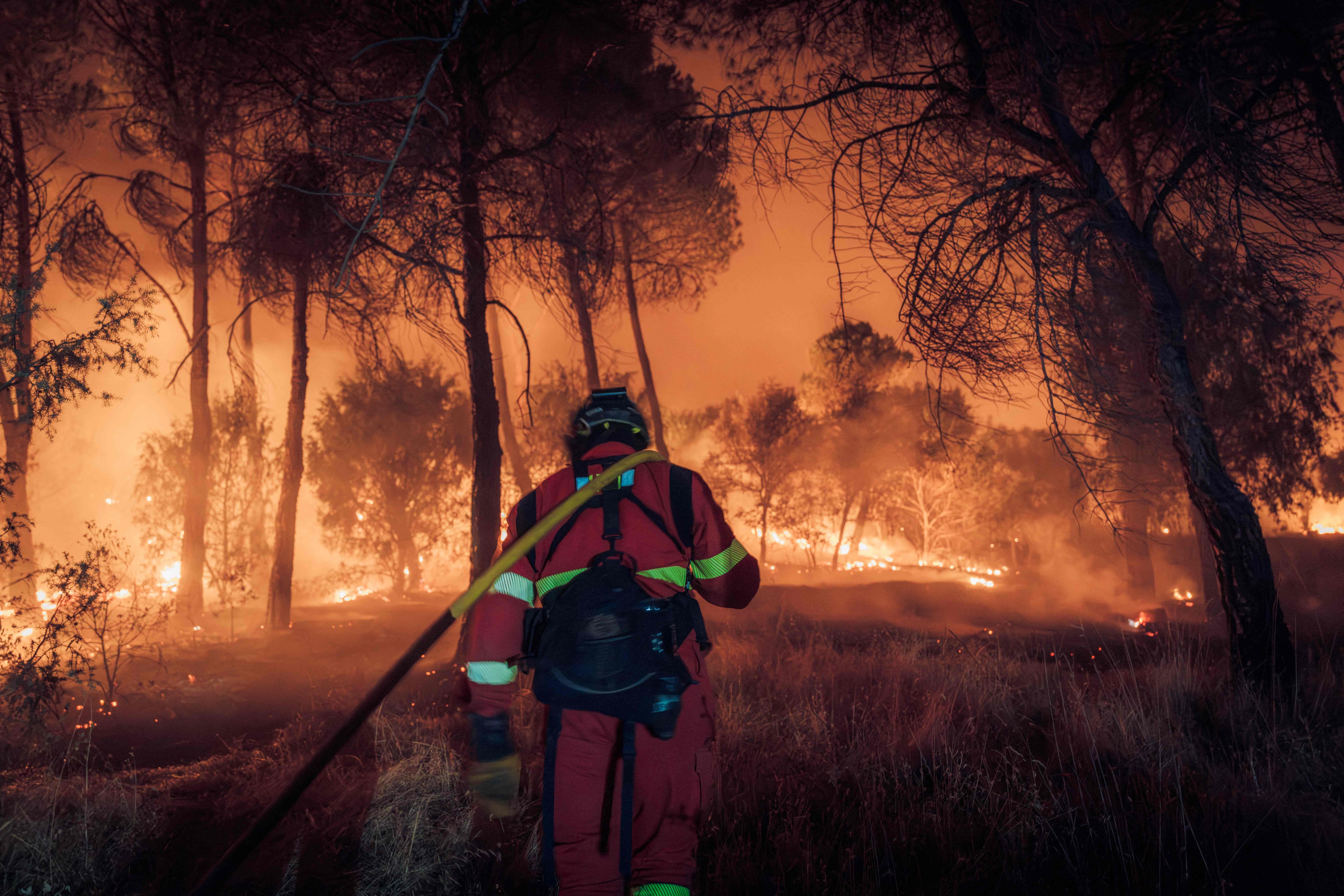 TOPSHOT - This handout photo released on July 26, 2026 and taken on July 24, 2026 by Spain's Military Emergencies Unit (UME) shows UME personnel fighting a wildfire near Navas del Rey, 55 kilometers southwest of Madrid. Spain faces two crucial days to bring raging wildfires under control before weather conditions worsen, authorities said on July 27, 2026, though they were making some progress and planned to start returning evacuees to certain areas. The wildfires that broke out in forested areas around the Spanish capital at the height of the summer holidays have forced some 60,000 people to flee their homes, often with just minutes' notice, leaving pets and medicine behind. (Photo by Handout / UME / AFP) / RESTRICTED TO EDITORIAL USE - MANDATORY CREDIT "AFP PHOTO /  SPAIN'S MILITARY EMERGENCIES UNIT (UME) / HANDOUT" - NO MARKETING NO ADVERTISING CAMPAIGNS - DISTRIBUTED AS A SERVICE TO CLIENTS (AFP)