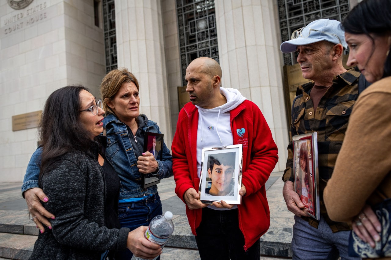 People outside a Los Angeles courthouse in February amid a landmark lawsuit brought by a now 20-year-old woman who accused social-media companies of creating addictive products.