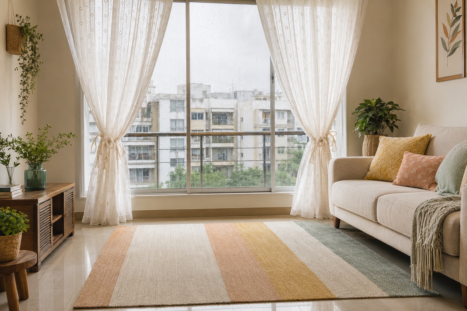 Add warm tones to your room. Choose light curtains rather than heavy drapes. Adding green plants further instill a sense of freshness. (Picture credit: AI generated)