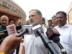 Lok Sabha LoP Rahul Gandhi speaks to the media at the Parliament premises during the ongoing Monsoon Session. (PTI Photo)