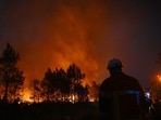 Firefighters battle a blaze outside Lanton, during wildfires in southwestern France.
