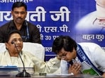 Bahujan Samaj Party chief Mayawati with her nephew Akash Anand in Lucknow. (ANI)