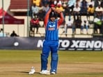 Vaibhav Sooryavanshi celebrates his fifty against Zimbabwe.