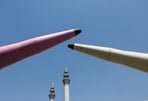 Symbolic mockups of Iranian missiles are displayed, on a street in Tehran, Iran, June 11, 2026