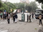 A visual from the recent protest at Jantar Mantar where police vehicles were attacked by the protesters.